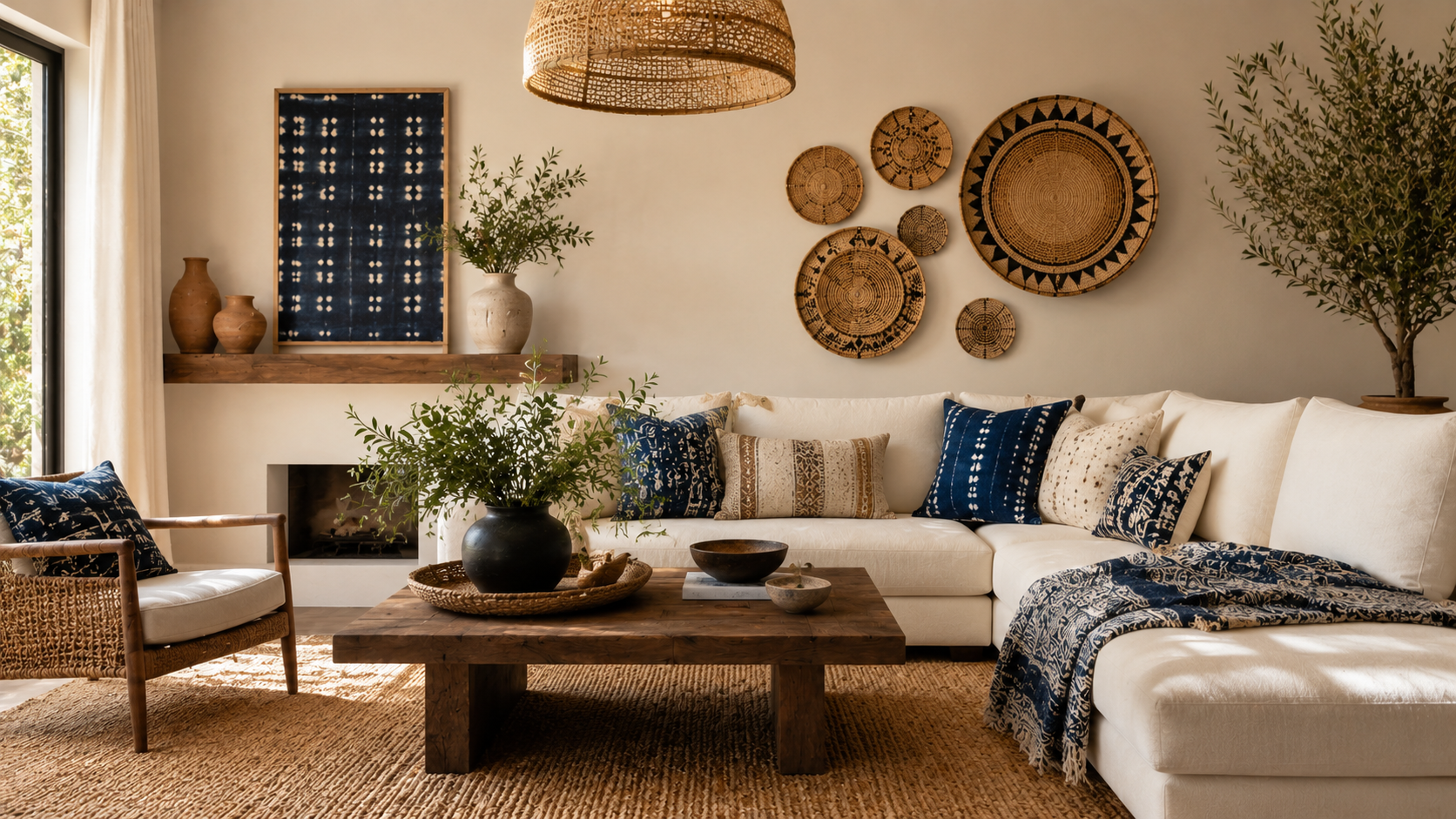 Richly layered living room combining Adire indigo pillows, geometric Berber rug and woven blankets